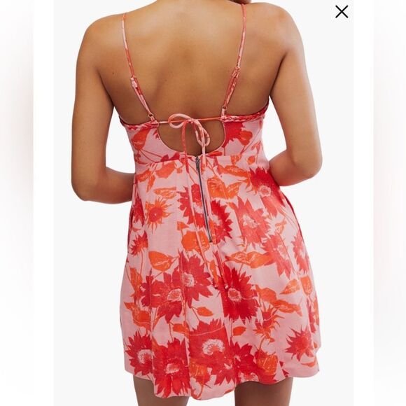 Free People Altura Babydoll Pink Mini Dress Floral Spaghetti Strap Floral XL - Picture 2 of 10